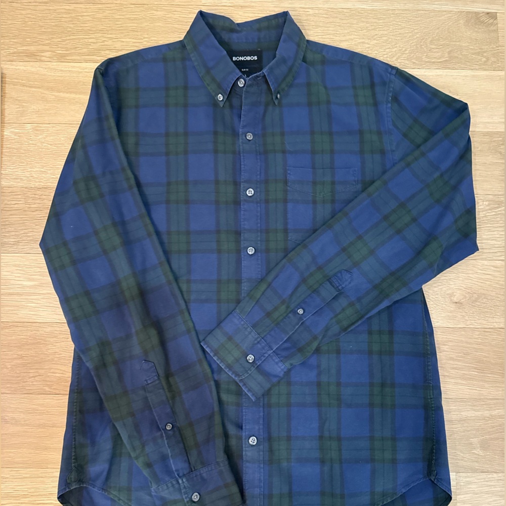 Bonobos Navy and Green Plaid Shirt